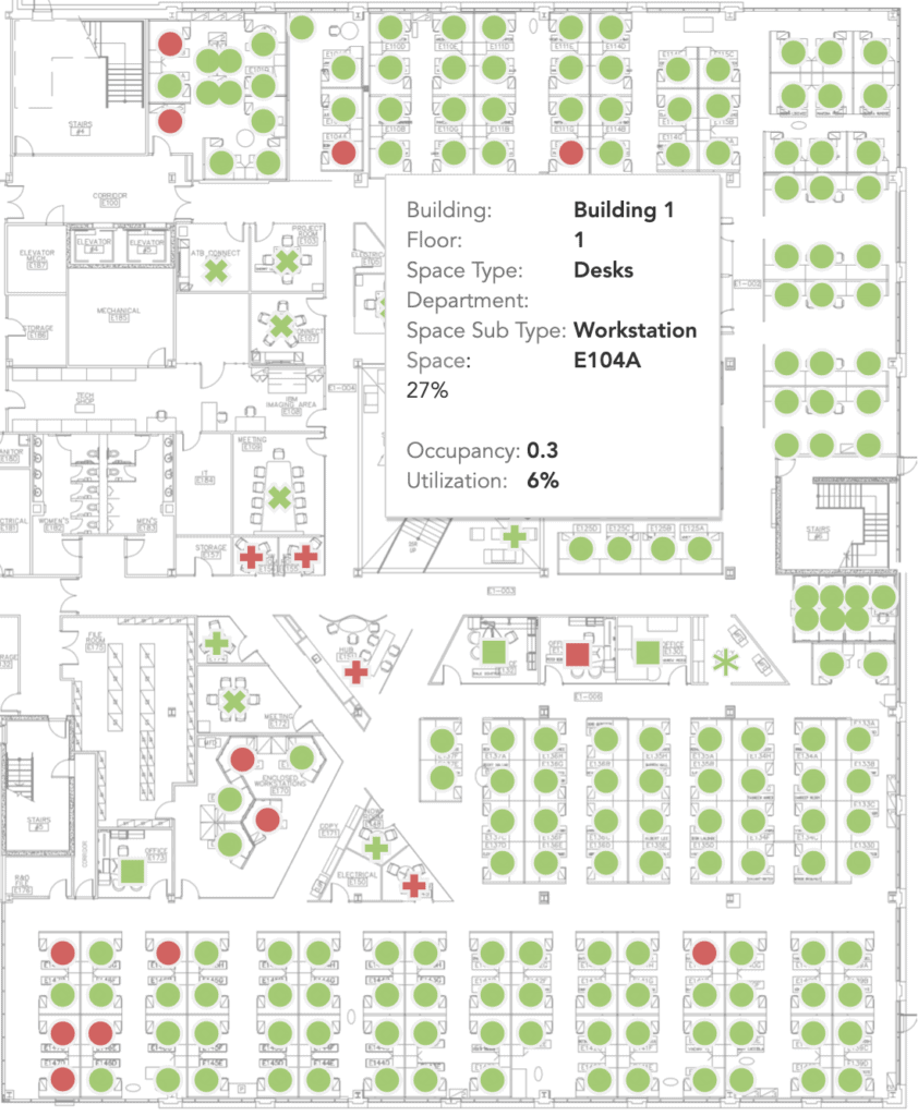 Close up of Conexus building floor plan showcasing desks, workstations, and space numbers